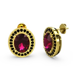 Esinti Oval Küpe - Rodolit garnet ve siyah zirkon 14 ayar altın küpe #w365sd