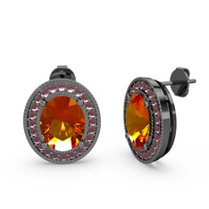 Esinti Oval Küpe - Sitrin ve kök yakut 925 ayar siyah rodyum kaplama gümüş küpe #zx6m5o