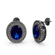 Esinti Oval Küpe - Lab safir ve dumanlı kuvars 925 ayar siyah rodyum kaplama gümüş küpe #zxvj9