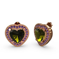 Esinti Kalp Küpe - Peridot ve ametist 18 ayar rose altın küpe #10cmkpv