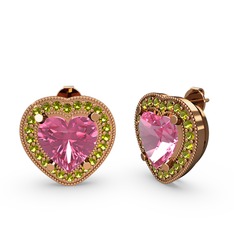 Esinti Kalp Küpe - Pembe kuvars ve peridot 14 ayar rose altın küpe #18hx5f8