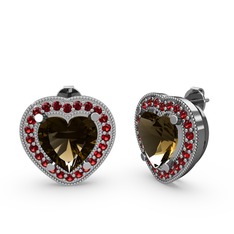 Esinti Kalp Küpe - Dumanlı kuvars ve garnet 14 ayar beyaz altın küpe #18jpckg