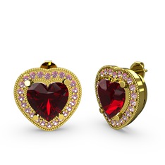 Esinti Kalp Küpe - Garnet ve pembe kuvars 18 ayar altın küpe #18rcdfn