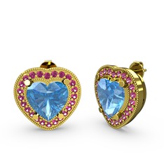 Esinti Kalp Küpe - Akuamarin ve rodolit garnet 14 ayar altın küpe #18rssle