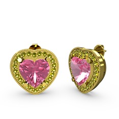 Esinti Kalp Küpe - Pembe kuvars ve peridot 14 ayar altın küpe #19liyuf