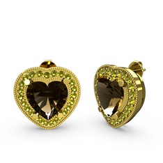 Esinti Kalp Küpe - Dumanlı kuvars ve peridot 8 ayar altın küpe #1cdiyea