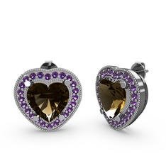 Esinti Kalp Küpe - Dumanlı kuvars ve ametist 18 ayar beyaz altın küpe #1n2f80c