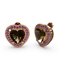 Dumanlı kuvars ve ametist 14 ayar rose altın küpe