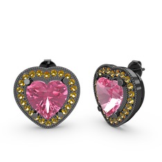 Esinti Kalp Küpe - Pembe kuvars ve sitrin 925 ayar siyah rodyum kaplama gümüş küpe #1poumw2