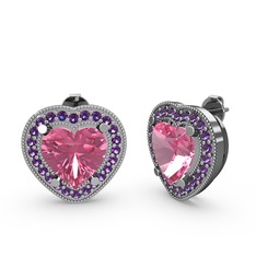 Esinti Kalp Küpe - Pembe kuvars ve ametist 14 ayar beyaz altın küpe #1pz2nmc