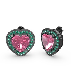 Esinti Kalp Küpe - Pembe kuvars ve yeşil kuvars 925 ayar siyah rodyum kaplama gümüş küpe #apomrq