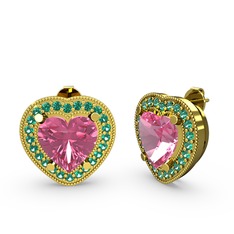 Esinti Kalp Küpe - Pembe kuvars ve yeşil kuvars 18 ayar altın küpe #febqzb