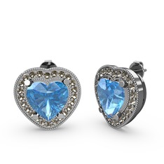 Esinti Kalp Küpe - Akuamarin ve dumanlı kuvars 8 ayar beyaz altın küpe #ht7j1t