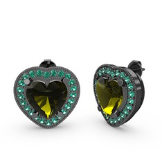 Esinti Kalp Küpe - Peridot ve yeşil kuvars 925 ayar siyah rodyum kaplama gümüş küpe #j7skz