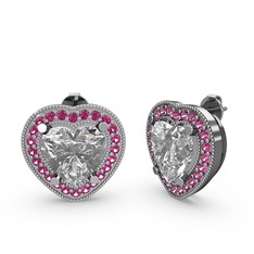 Esinti Kalp Küpe - Beyaz zirkon ve rodolit garnet 18 ayar beyaz altın küpe #jo63a3