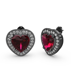 Esinti Kalp Küpe - Rodolit garnet ve swarovski 925 ayar siyah rodyum kaplama gümüş küpe #k81qtu
