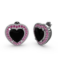 Esinti Kalp Küpe - Siyah zirkon ve rodolit garnet 18 ayar beyaz altın küpe #oazi3m