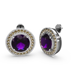 Esinti Daire Küpe - Dumanlı kuvars ve ametist 8 ayar beyaz altın küpe #11q1h1f