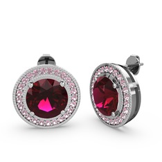 Pembe kuvars ve rodolit garnet 18 ayar beyaz altın küpe