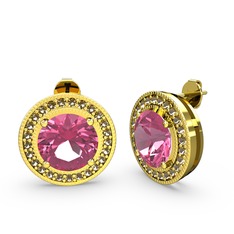 Esinti Daire Küpe - Dumanlı kuvars ve pembe kuvars 14 ayar altın küpe #1dctkk1