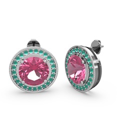 Esinti Daire Küpe - Kök zümrüt ve pembe kuvars 14 ayar beyaz altın küpe #1keoftl