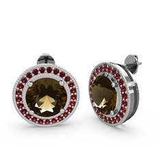 Garnet ve dumanlı kuvars 18 ayar beyaz altın küpe