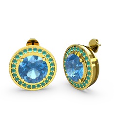 Esinti Daire Küpe - Kök zümrüt ve akuamarin 14 ayar altın küpe #1pi5q55