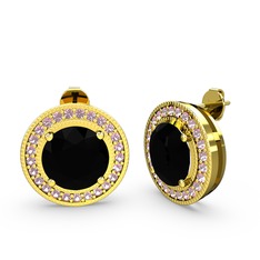 Pembe kuvars ve siyah zirkon 8 ayar altın küpe