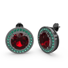 Esinti Daire Küpe - Yeşil kuvars ve garnet 925 ayar siyah rodyum kaplama gümüş küpe #1vq9tao