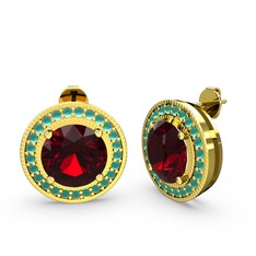 Kök zümrüt ve garnet 14 ayar altın küpe