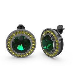 Esinti Daire Küpe - Peridot ve yeşil kuvars 925 ayar siyah rodyum kaplama gümüş küpe #h12c05