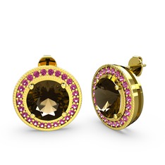 Esinti Daire Küpe - Rodolit garnet ve dumanlı kuvars 14 ayar altın küpe #me8pu0