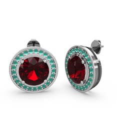 Esinti Daire Küpe - Kök zümrüt ve garnet 14 ayar beyaz altın küpe #rosgaw