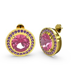 Esinti Daire Küpe - Ametist ve pembe kuvars 8 ayar altın küpe #t6fzho