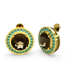 Esinti Daire Küpe - Kök zümrüt ve dumanlı kuvars 18 ayar altın küpe #tb8lxs