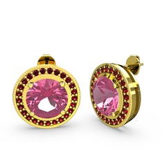 Garnet ve pembe kuvars 14 ayar altın küpe