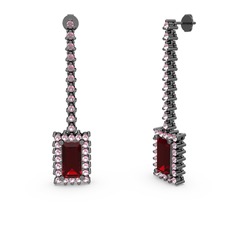Sallantılı Via Küpe - Garnet ve pembe kuvars 925 ayar siyah rodyum kaplama gümüş küpe #1kaeaao