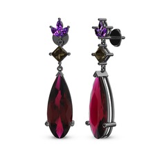 Dillon Küpe - Rodolit garnet, dumanlı kuvars ve ametist 925 ayar siyah rodyum kaplama gümüş küpe #1076arf