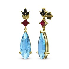 Akuamarin, rodolit garnet ve siyah zirkon 18 ayar altın küpe