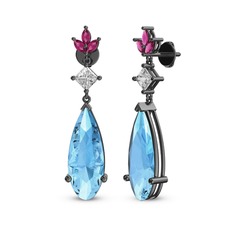 Dillon Küpe - Akuamarin, swarovski ve rodolit garnet 925 ayar siyah rodyum kaplama gümüş küpe #11j9h9o