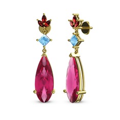 Pembe kuvars, akuamarin ve garnet 18 ayar altın küpe
