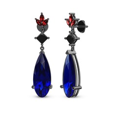 Lab safir, siyah zirkon ve garnet 925 ayar siyah rodyum kaplama gümüş küpe