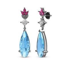 Akuamarin, beyaz zirkon ve rodolit garnet 14 ayar beyaz altın küpe