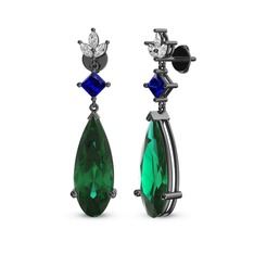 Yeşil kuvars, lab safir ve beyaz zirkon 925 ayar siyah rodyum kaplama gümüş küpe