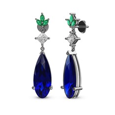 Lab safir, swarovski ve yeşil kuvars 14 ayar beyaz altın küpe