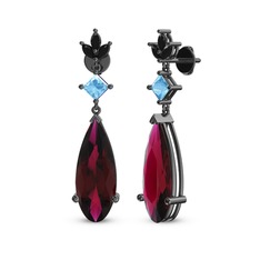Rodolit garnet, akuamarin ve siyah zirkon 925 ayar siyah rodyum kaplama gümüş küpe