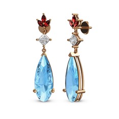 Akuamarin, beyaz zirkon ve garnet 18 ayar rose altın küpe
