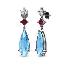 Akuamarin, rodolit garnet ve beyaz zirkon 18 ayar beyaz altın küpe