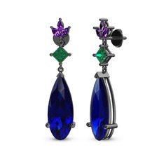 Dillon Küpe - Lab safir, yeşil kuvars ve ametist 925 ayar siyah rodyum kaplama gümüş küpe #1ce8dsp