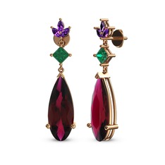 Rodolit garnet, yeşil kuvars ve ametist 14 ayar rose altın küpe